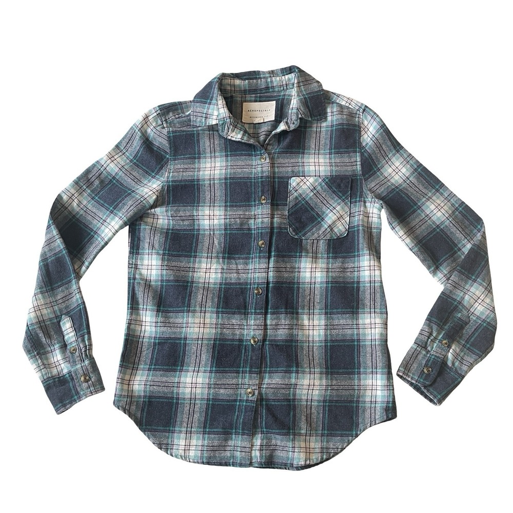 Aeropostale Women's Size XS Boyfriend Fit Flannel Plaid Blue Purple Teal Casual